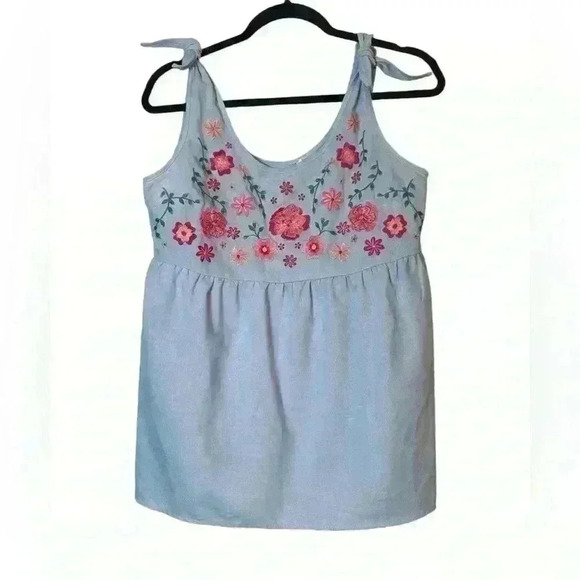 Savanna Jane Blue Floral Embroidered Babydoll Tank with Tie Knot Shoulder Small - Picture 1 of 9